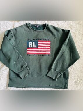 Polo Jeans Company Ralph Lauren Forest Green Crew Neck Flag Sweat Shirt: Large